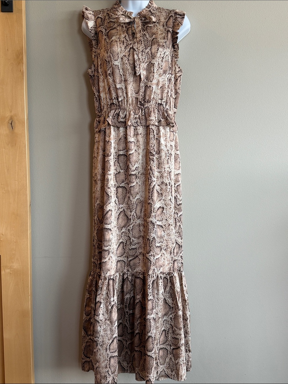 Ruffled Tie-Neck Snake-Print Maxi Dress in Neutral Brown